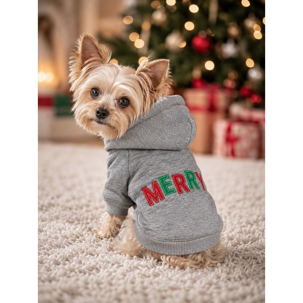 Novogratz Pets Merry Christmas Dog Hoodie XS Gray Holiday Sweater NWT